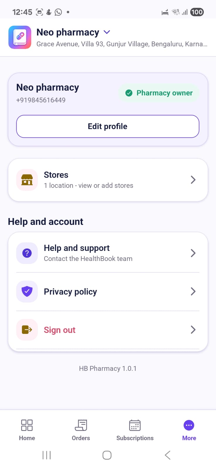 Pharmacy profile and stores in HealthBook Pharmacy